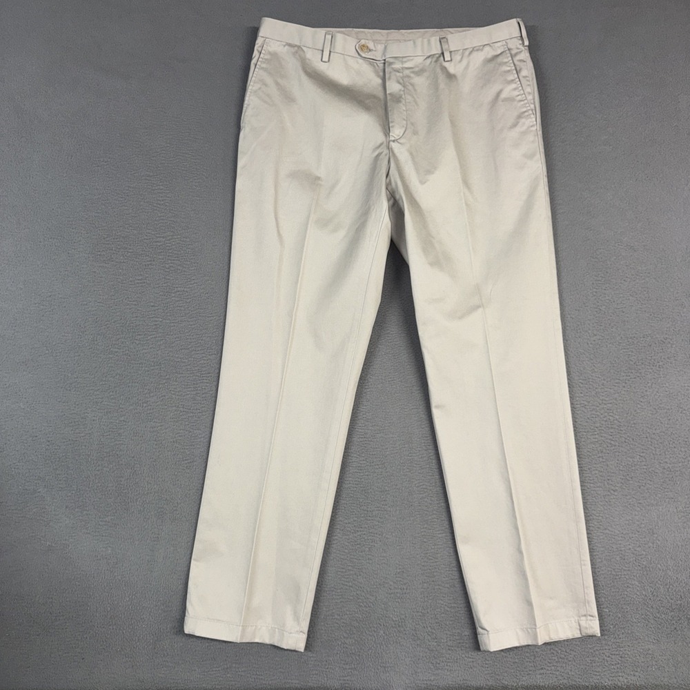 Jos A Bank Pants Mens 38x32 Beige Traveler Straight Flat Front 100% Cotton Twill